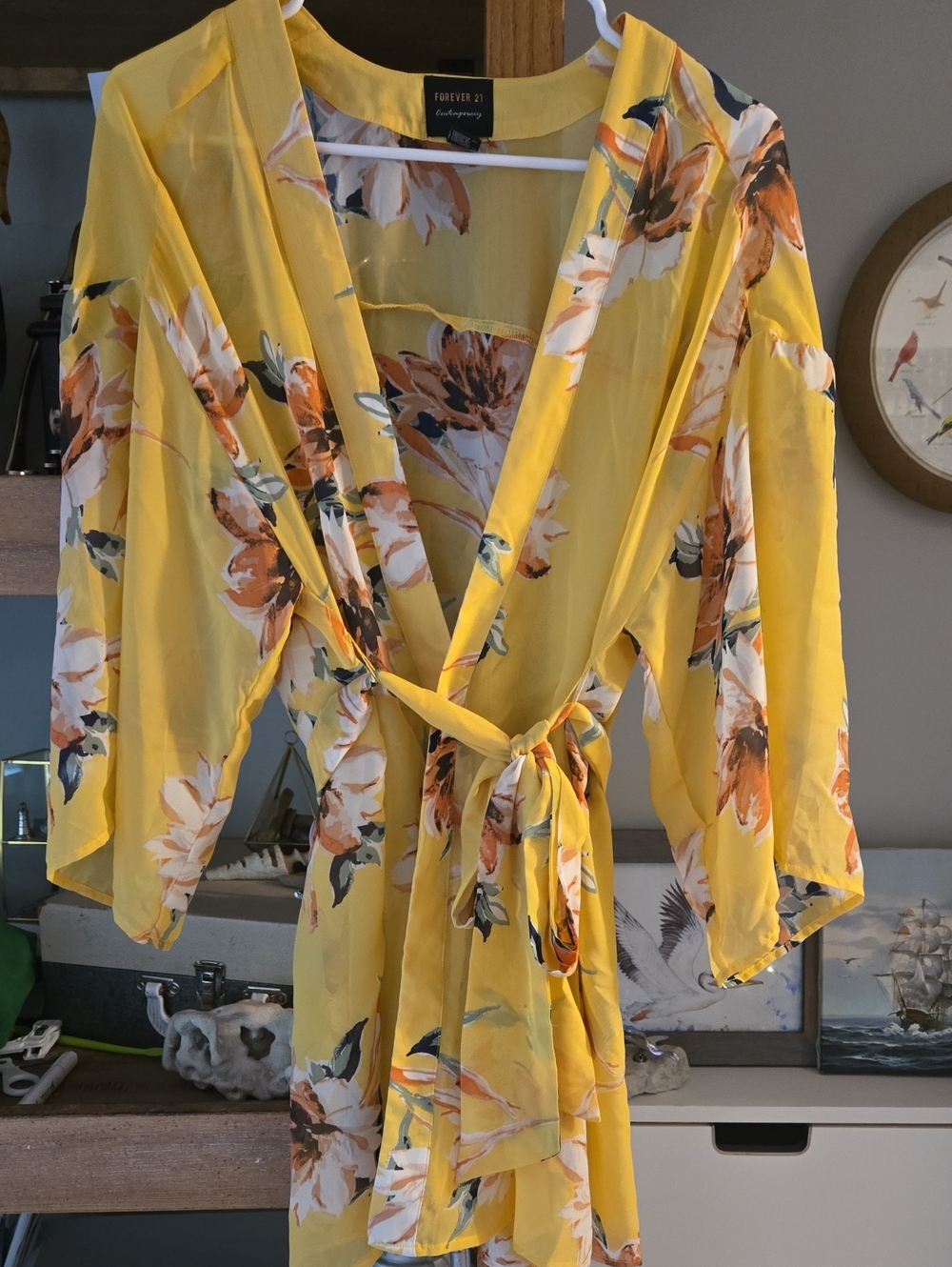 Forever 21 Yellow Floral Tie-Waist Kimono